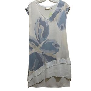 Deletta tunic dress asymmetrical layered floral semi-sheer white blue XS